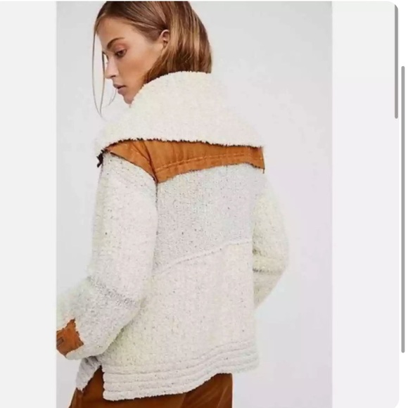 Free People Counting Sheep Sherpa Suede Moto Jacket Medium Large Oatmeal Camel - Picture 2 of 15